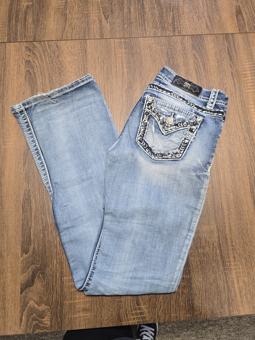 Miss Me Women's Bootcut Jeans Size 26 Blue Sequin Embroidered Flap Pocket